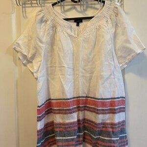 Talbot 100% Linen Short Sleeve Striped Gathered Small V Neck Shirt